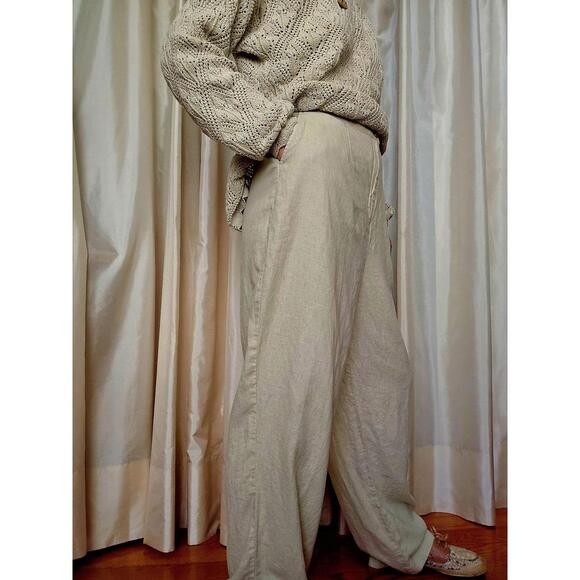 Vintage Linen Blend High Waist Pants: Women's Beige Trousers XL - Picture 4 of 9